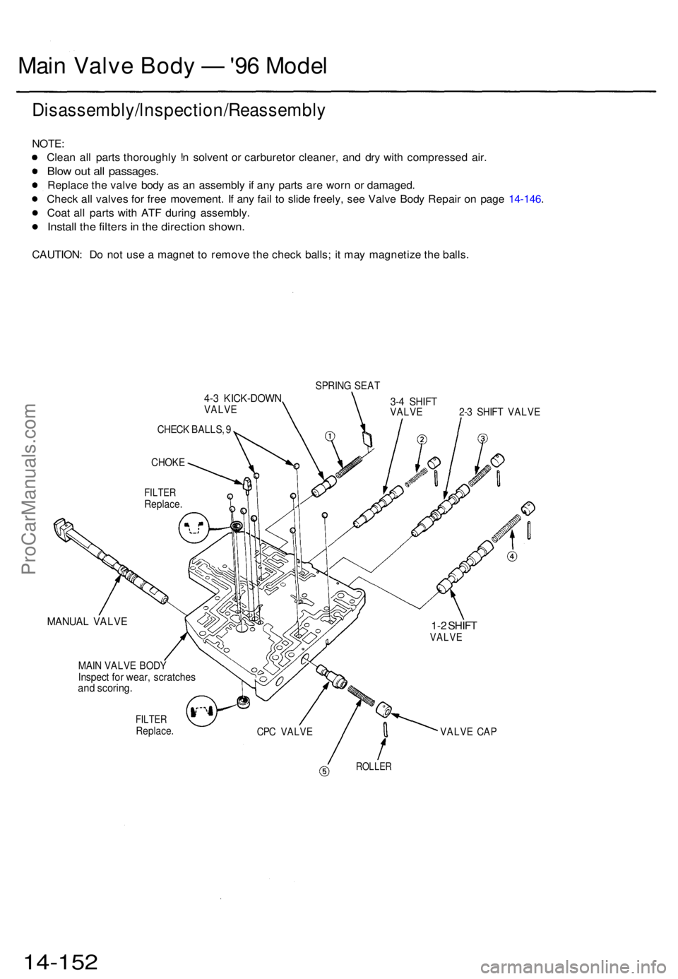 ACURA TL 1995  Service Repair Manual Main Valv e Bod y —  '96 Mode l
Disassembly/lnspection/Reassembl y
NOTE:
Clea n al l part s thoroughl y ! n solven t o r carbureto r cleaner , an d dr y wit h compresse d air .
Blow ou t al l pa