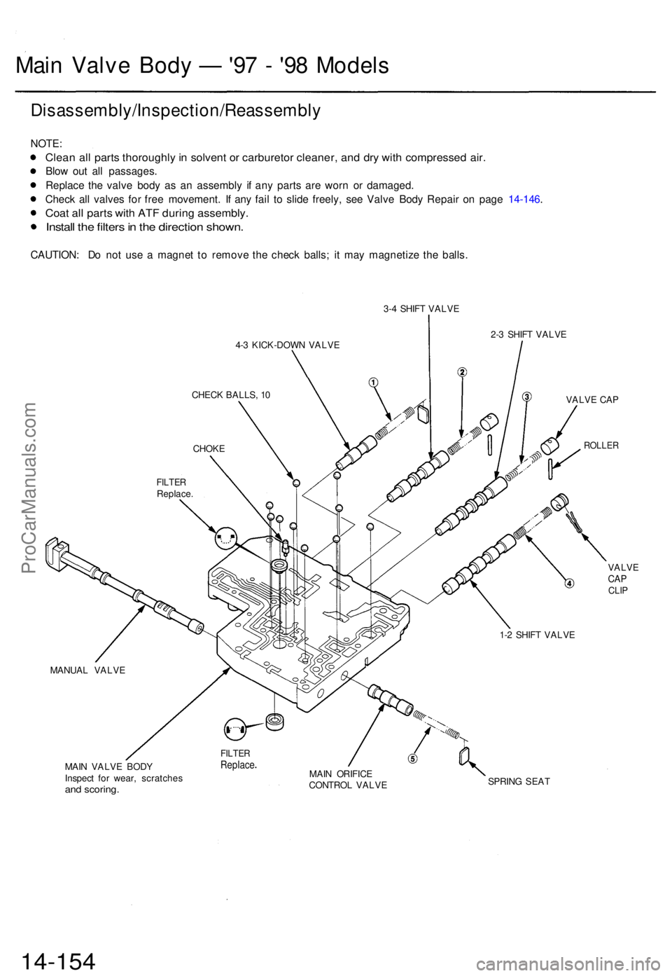ACURA TL 1995  Service Repair Manual Main Valv e Bod y —  '97 -  '9 8 Model s
Disassembly/Inspection/Reassembl y
NOTE:
Clean al l part s thoroughl y in  solven t o r carbureto r cleaner , an d dr y wit h compresse d air .
Blow 