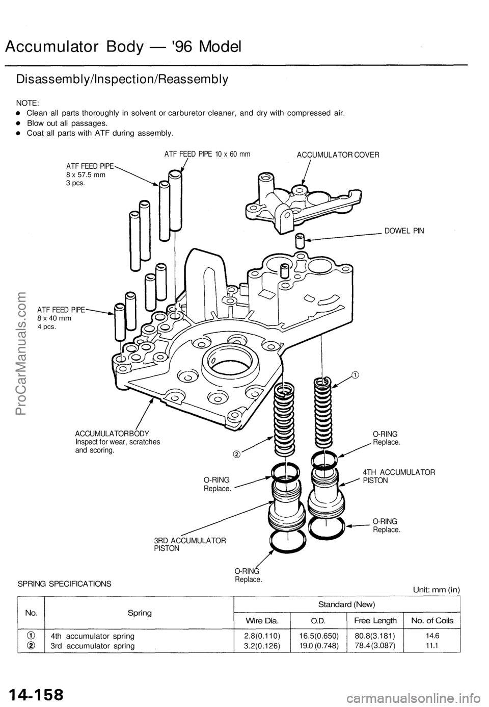 ACURA TL 1995  Service Repair Manual Accumulator Bod y —  '96 Mode l
Disassembly/Inspection/Reassembl y
NOTE:
Clean al l part s thoroughl y i n solven t o r carbureto r cleaner , an d dr y wit h compresse d air .
Blo w ou t al l pa