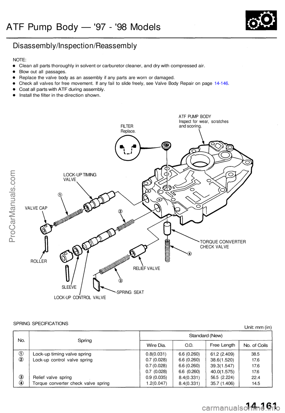 ACURA TL 1995 Service Repair Manual ATF Pum p Bod y — '97 - '9 8 Model s
Disassembly/Inspection/Reassembl y
NOTE:
Clean al l part s thoroughl y in solven t o r carbureto r cleaner , an d dr y wit h compresse d air .
Blow ou ACURA TL 1995 Service Repair Manual ATF Pum p Bod y — '97 - '9 8 Model s
Disassembly/Inspection/Reassembl y
NOTE:
Clean al l part s thoroughl y in solven t o r carbureto r cleaner , an d dr y wit h compresse d air .
Blow ou