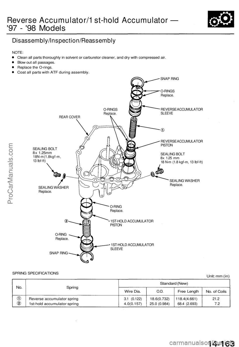 ACURA TL 1995  Service Repair Manual Reverse Accumulator/ 1 st-hol d Accumulato r —
'9 7 -  '9 8 Model s
Disassembly/lnspection/Reassembl y
NOTE:
Clean al l part s thoroughl y in  solven t o r carbureto r cleaner , an d dr y wi