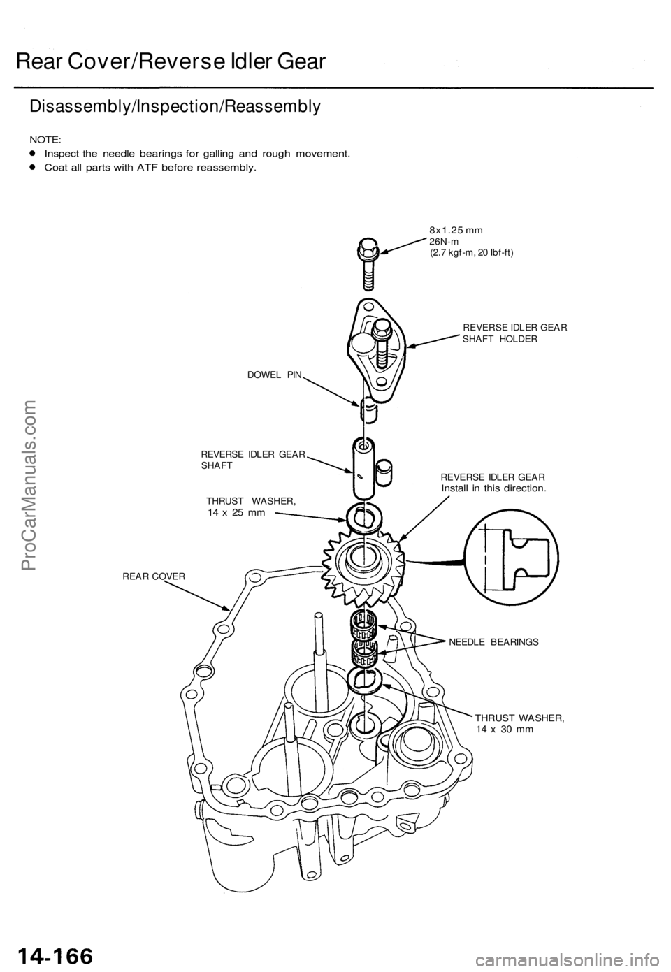 ACURA TL 1995  Service Repair Manual Rear Cover/Revers e Idle r Gea r
Disassembly/Inspection/Reassembl y
NOTE:
Inspec t th e needl e bearing s fo r gallin g an d roug h movement .
Coa t al l part s wit h AT F befor e reassembly .
DOWEL P