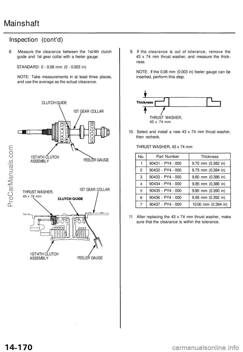 ACURA TL 1995 Service Repair Manual
Mainshaft
Inspection (cont'd)
8. Measure the clearance between the 1st/4th clutch
guide and 1st gear collar with a feeler gauge.
STANDARD: 0 - 0.08 mm (0 - 0.003 in)
NOTE: Take measurements ACURA TL 1995 Service Repair Manual
Mainshaft
Inspection (cont'd)
8. Measure the clearance between the 1st/4th clutch
guide and 1st gear collar with a feeler gauge.
STANDARD: 0 - 0.08 mm (0 - 0.003 in)
NOTE: Take measurements