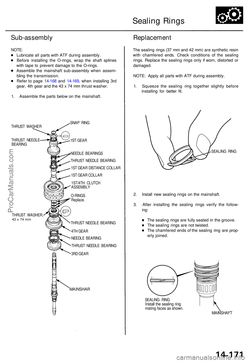 ACURA TL 1995  Service Repair Manual Sealing Ring s
Sub-assembl y
NOTE:
Lubricat e al l part s wit h AT F durin g assembly .
Befor e installin g th e O-rings , wra p th e shaf t spline s
wit h tap e t o preven t damag e t o th e O-rings 