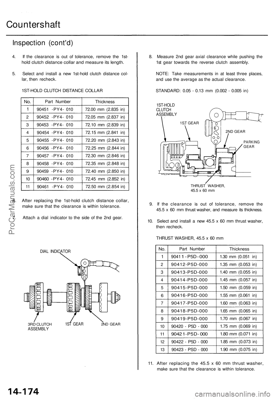 ACURA TL 1995 Service Repair Manual Countershaft
Inspection (cont'd )
4. I f th e clearanc e i s ou t o f tolerance , remov e th e 1st -
hold clutc h distanc e colla r an d measur e it s length .
5. Selec t an d instal l a ne w 1st ACURA TL 1995 Service Repair Manual Countershaft
Inspection (cont'd )
4. I f th e clearanc e i s ou t o f tolerance , remov e th e 1st -
hold clutc h distanc e colla r an d measur e it s length .
5. Selec t an d instal l a ne w 1st