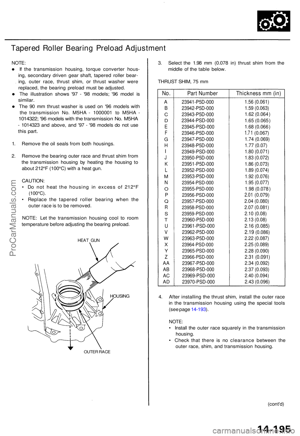 ACURA TL 1995  Service Repair Manual Tapered Rolle r Bearin g Preloa d Adjustmen t
NOTE:
• If th e transmissio n housing , torqu e converte r hous -
ing , secondar y drive n gea r shaft , tapere d rolle r bear -
ing , oute r race , thr