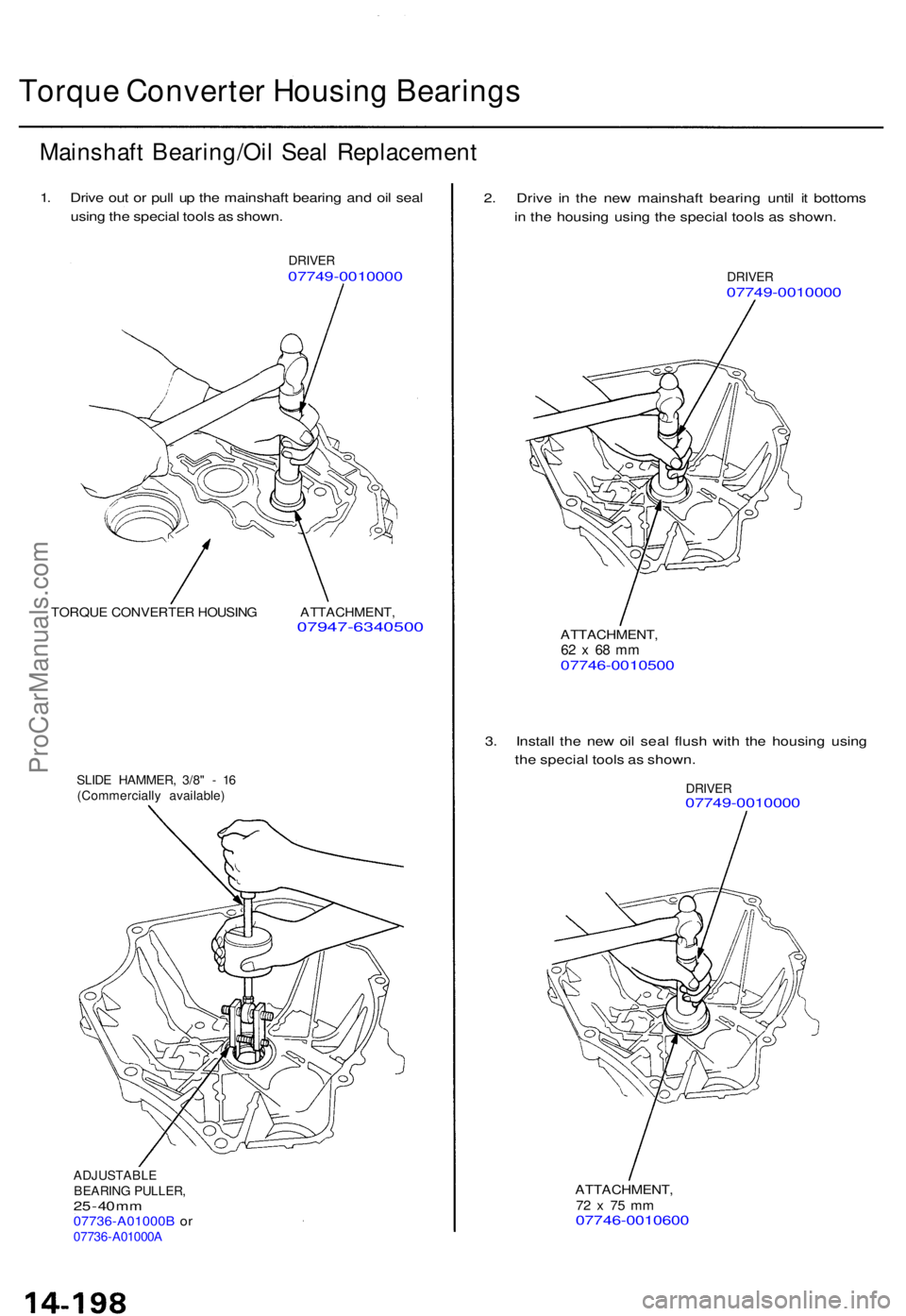 ACURA TL 1995  Service Repair Manual Torque Converte r Housin g Bearing s
Mainshaf t Bearing/Oi l Sea l Replacemen t
1. Driv e ou t o r pul l u p th e mainshaf t bearin g an d oi l sea l
usin g th e specia l tool s a s shown .
DRIVER0774