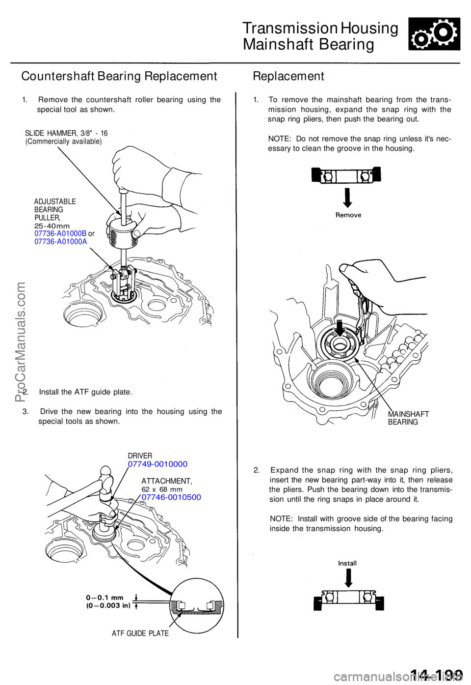 ACURA TL 1995 Service Repair Manual Transmission Housin g
Mainshaf t Bearin g
Countershaf t Bearin g Replacemen t
1. Remov e th e countershaf t rolle r bearin g usin g th e
specia l too l a s shown .
Replacemen t
SLIDE HAMMER , 3/8 " ACURA TL 1995 Service Repair Manual Transmission Housin g
Mainshaf t Bearin g
Countershaf t Bearin g Replacemen t
1. Remov e th e countershaf t rolle r bearin g usin g th e
specia l too l a s shown .
Replacemen t
SLIDE HAMMER , 3/8 "