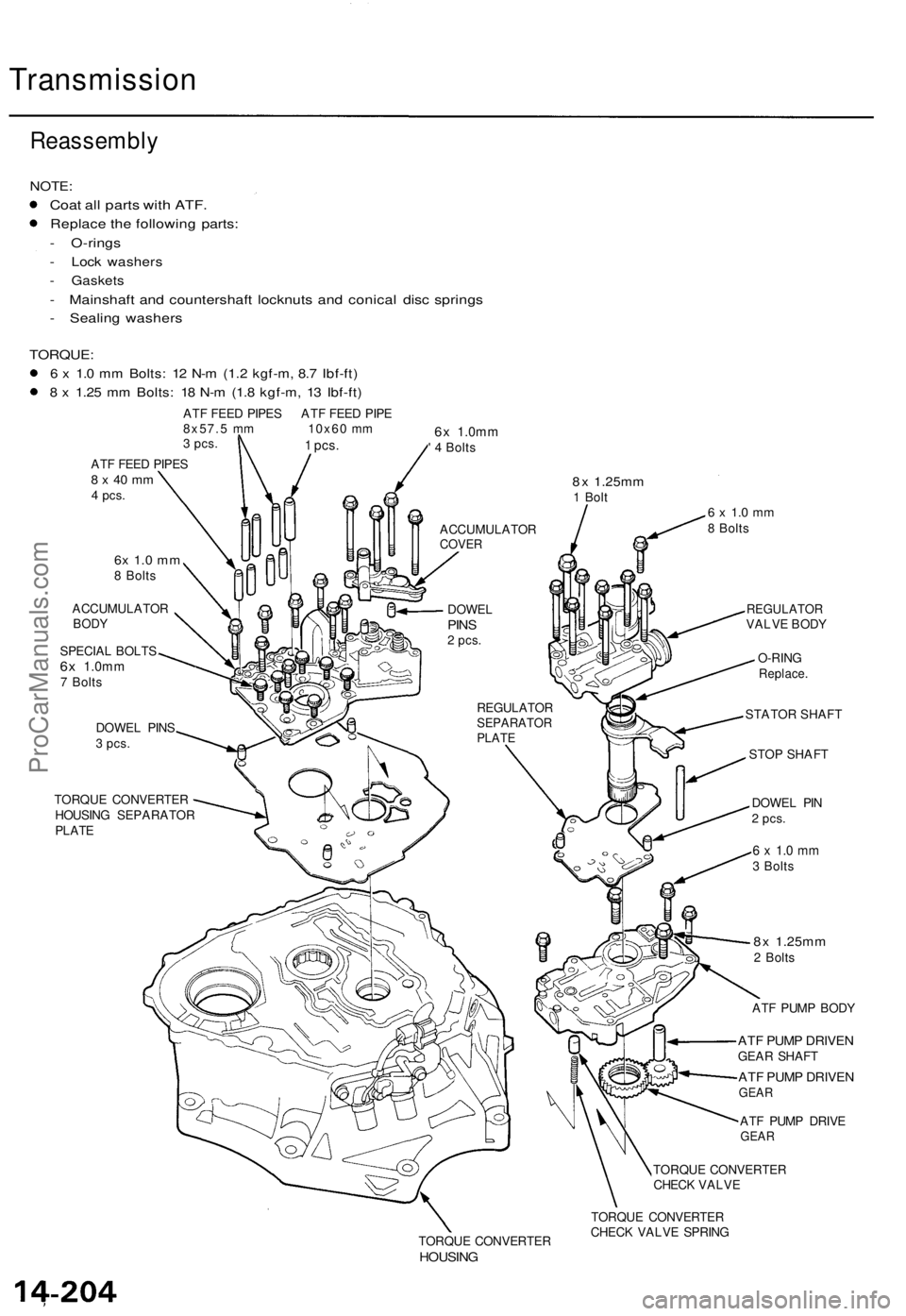 ACURA TL 1995 Service Repair Manual Transmission
Reassembly
NOTE:
Coat al l part s wit h ATF .
Replac e th e followin g parts :
- O-ring s
- Loc k washer s
- Gasket s
- Mainshaf t an d countershaf t locknut s an d conica l dis c spring ACURA TL 1995 Service Repair Manual Transmission
Reassembly
NOTE:
Coat al l part s wit h ATF .
Replac e th e followin g parts :
- O-ring s
- Loc k washer s
- Gasket s
- Mainshaf t an d countershaf t locknut s an d conica l dis c spring