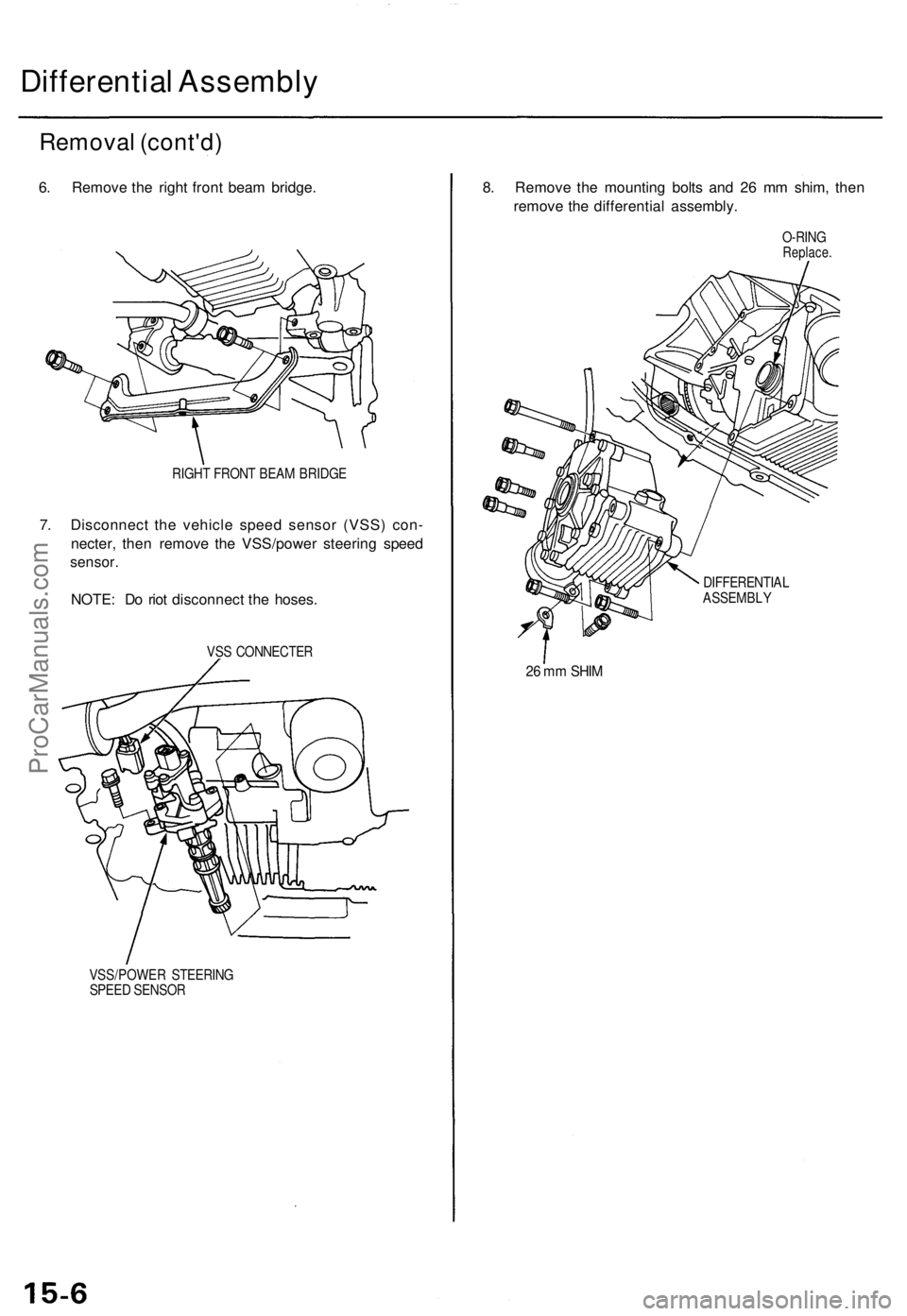 ACURA TL 1995  Service Repair Manual Differential Assembl y
Removal (cont'd )
6. Remov e th e righ t fron t bea m bridge .
RIGHT FRON T BEA M BRIDG E
7. Disconnec t th e vehicl e spee d senso r (VSS ) con -
necter , the n remov e th 