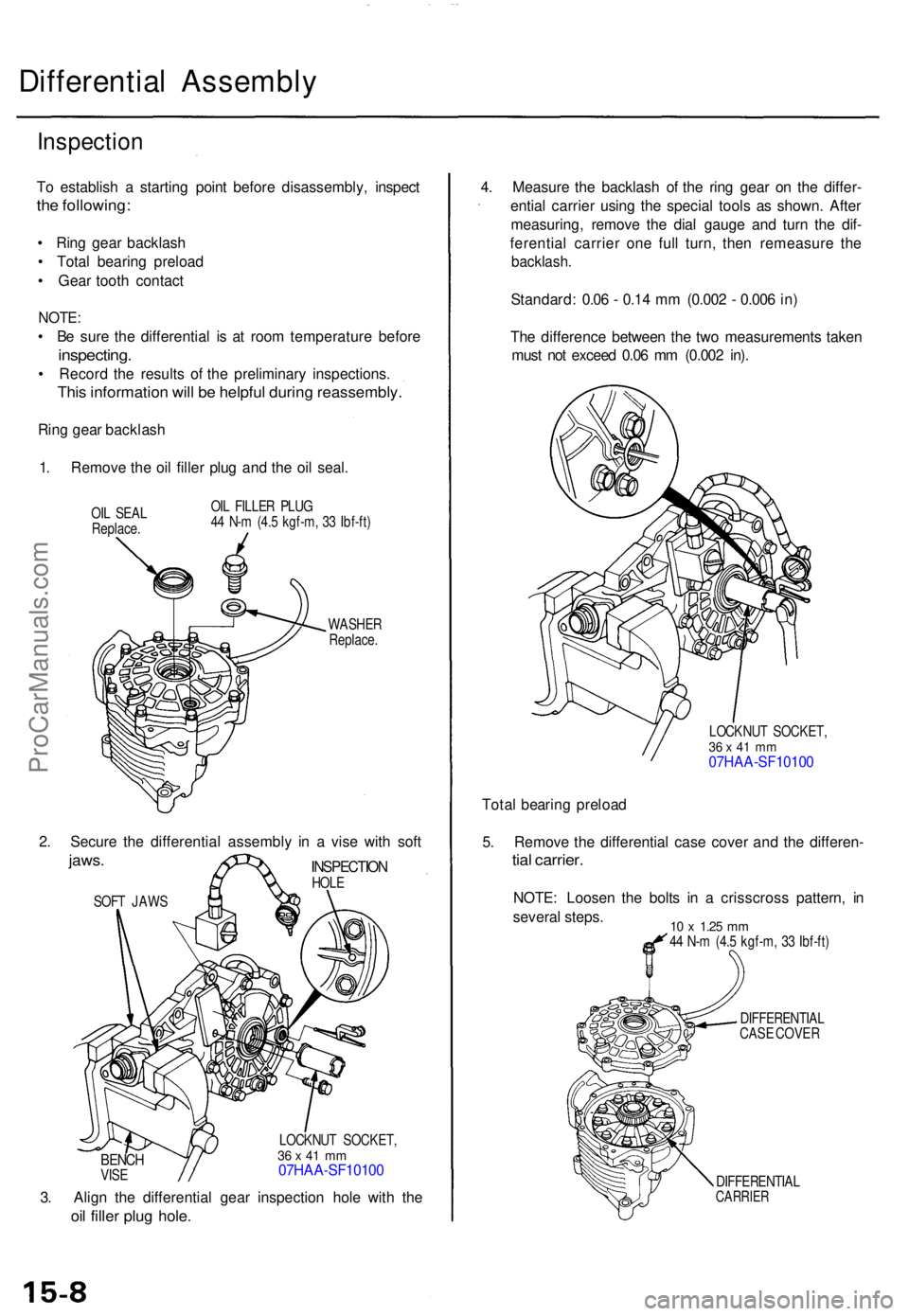 ACURA TL 1995  Service Repair Manual Differential Assembl y
Inspection
To establis h a  startin g poin t befor e disassembly , inspec t
the following :
• Rin g gea r backlas h
•  Tota l bearin g preloa d
•  Gea r toot h contac t
NO