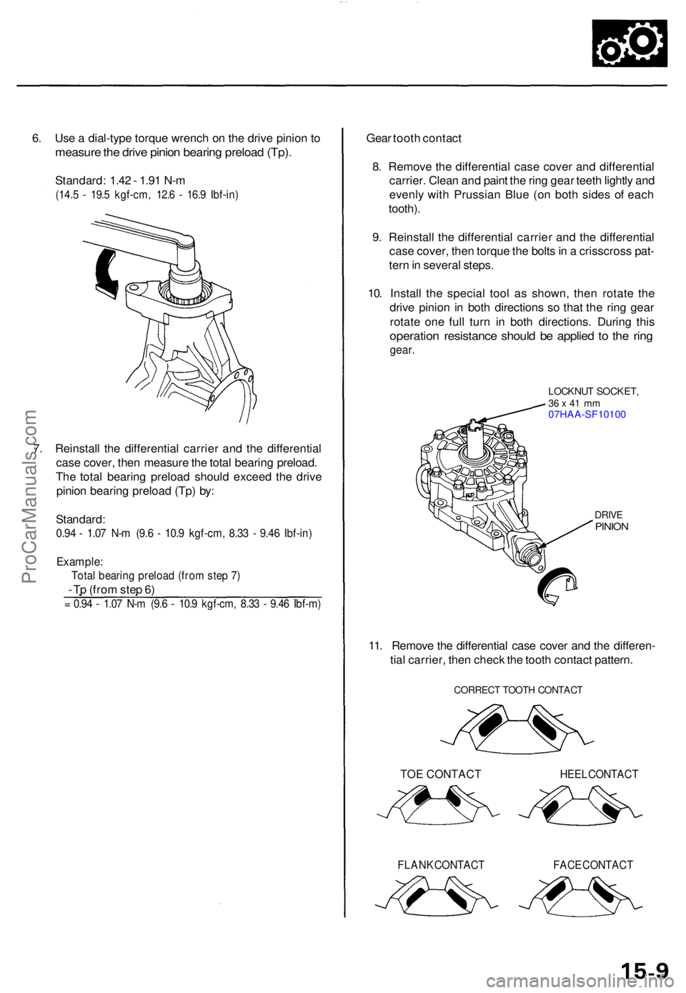 ACURA TL 1995  Service Repair Manual 6. Us e a  dial-typ e torqu e wrenc h o n th e driv e pinio n t o
measur e th e driv e pinio n bearin g preloa d (Tp) .
Standard : 1.4 2 - 1.9 1 N- m
(14. 5 -  19. 5 kgf-cm , 12. 6 -  16. 9 Ibf-in )
7
