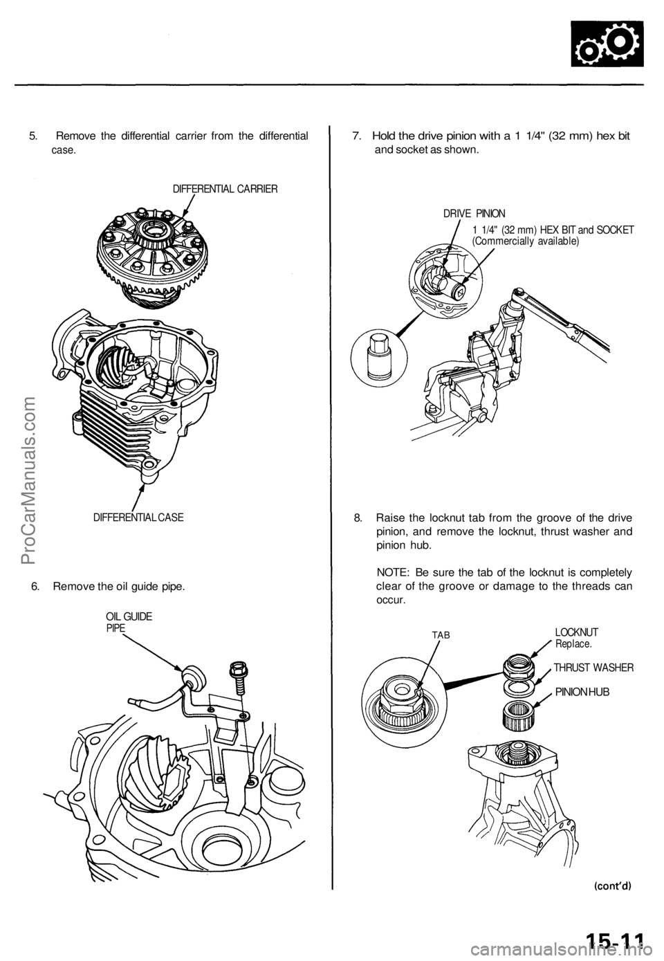 ACURA TL 1995  Service Repair Manual 
5. Remove the differential carrier from the differential

case.

DIFFERENTIAL CARRIER

DIFFERENTIAL CASE

6. Remove the oil guide pipe.

OIL GUIDE

PIPE 
7. Hold the drive pinion with a 1 1/4" (3