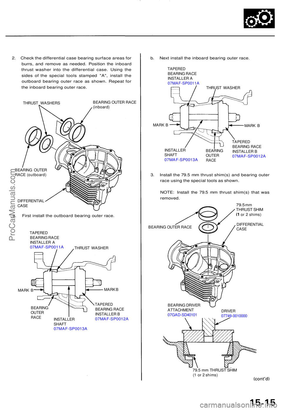 ACURA TL 1995 Service Repair Manual 2. Chec k th e differentia l cas e bearin g surfac e area s fo r
burrs , an d remov e a s needed . Positio n th e inboar d
thrus t washe r int o th e differentia l case . Usin g th e
side s o f th e s ACURA TL 1995 Service Repair Manual 2. Chec k th e differentia l cas e bearin g surfac e area s fo r
burrs , an d remov e a s needed . Positio n th e inboar d
thrus t washe r int o th e differentia l case . Usin g th e
side s o f th e s