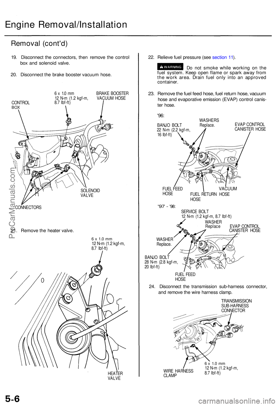 ACURA TL 1995 Service Repair Manual Engine Removal/Installatio n
Removal (cont'd )
19. Disconnec t th e connectors , the n remov e th e contro l
bo x an d solenoi d valve .
20 . Disconnec t th e brak e booste r vacuu m hose .
CONTRO ACURA TL 1995 Service Repair Manual Engine Removal/Installatio n
Removal (cont'd )
19. Disconnec t th e connectors , the n remov e th e contro l
bo x an d solenoi d valve .
20 . Disconnec t th e brak e booste r vacuu m hose .
CONTRO