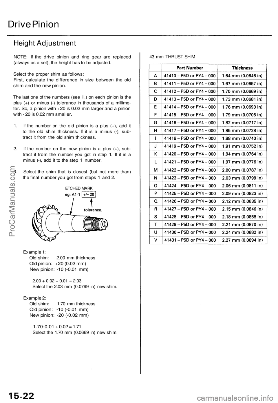 ACURA TL 1995  Service Repair Manual 
Drive Pinion

Height Adjustment

NOTE: If the drive pinion and ring gear are replaced

(always as a set), the height has to be adjusted.

Select the proper shim as follows:

First, calculate the diff