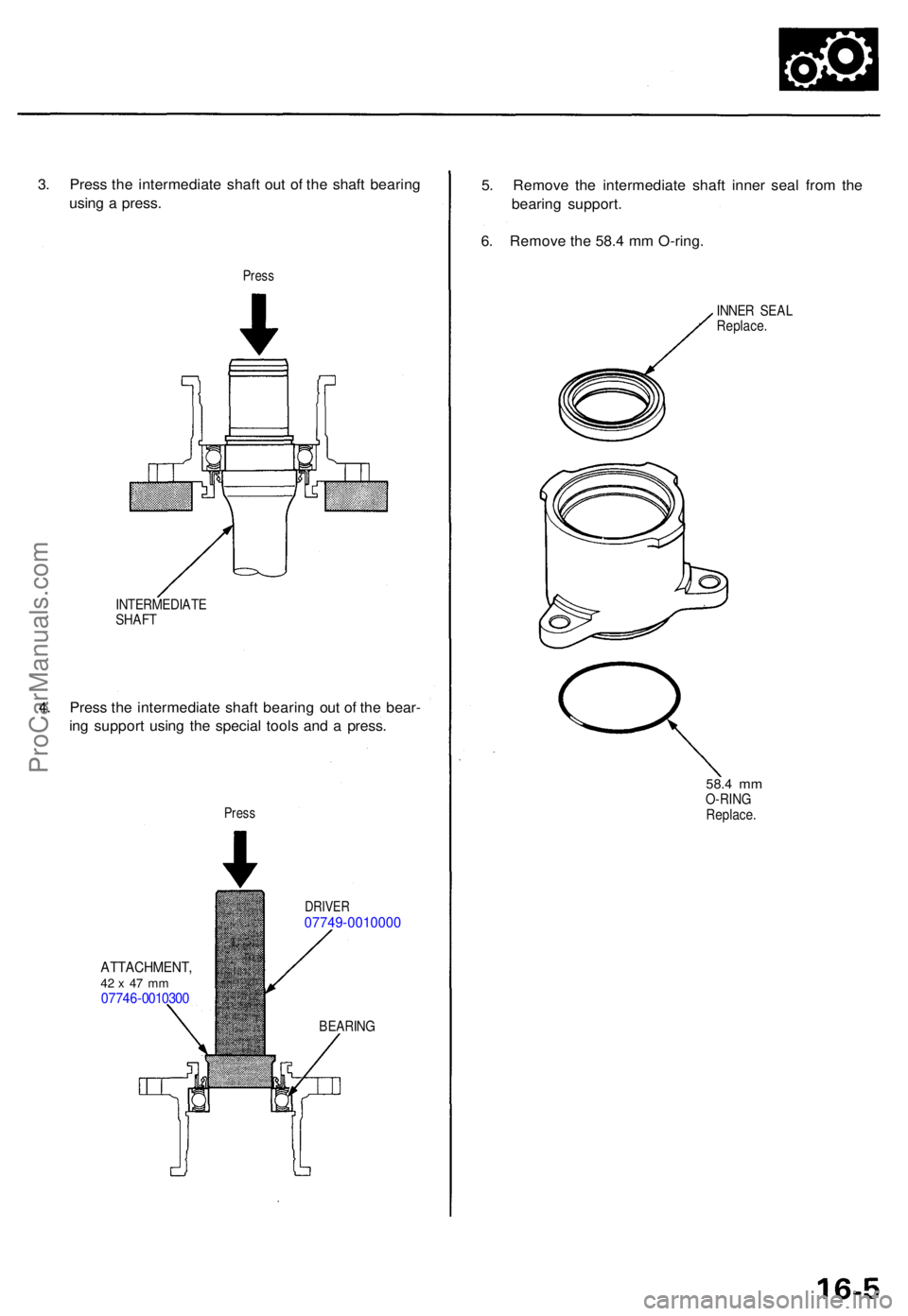 ACURA TL 1995  Service Repair Manual 3. Pres s th e intermediat e shaf t ou t o f th e shaf t bearin g
usin g a  press .
Press
INTERMEDIAT E
SHAF T
4. Pres s th e intermediat e shaf t bearin g ou t o f th e bear -
in g suppor t usin g th