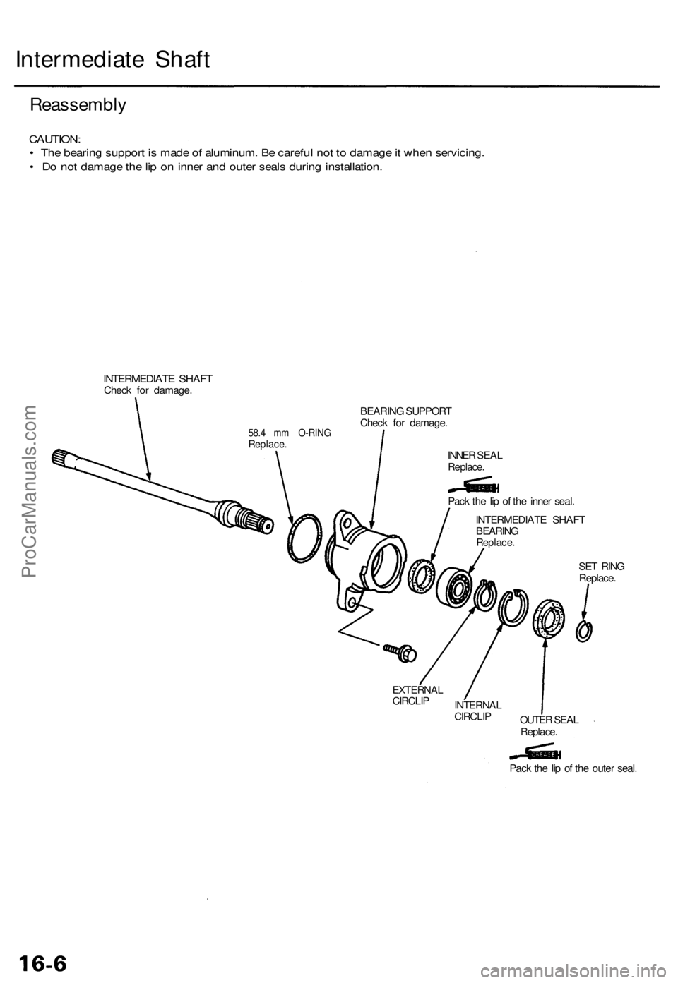 ACURA TL 1995  Service Repair Manual Intermediate Shaf t
Reassembly
CAUTION :
•  Th e bearin g suppor t i s  mad e o f aluminum . B e carefu l no t t o  damag e it whe n servicing .
•  D o no t damag e th e li p o n inne r an d oute 