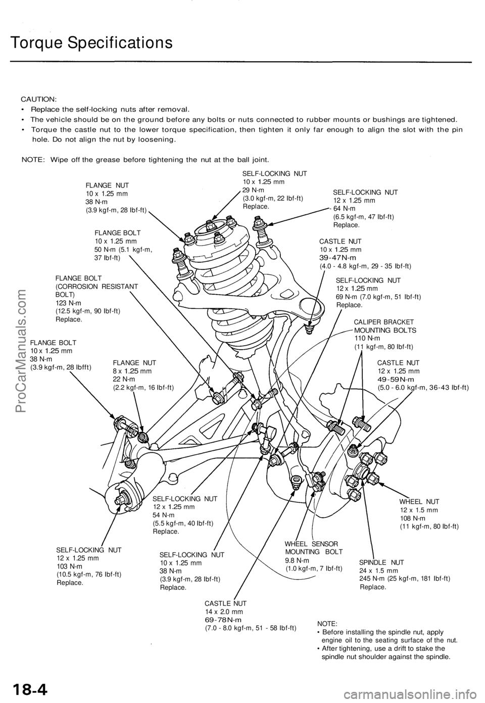 ACURA TL 1995  Service Repair Manual Torque Specification s
CAUTION:
• Replac e th e self-lockin g nut s afte r removal .
• Th e vehicl e shoul d b e o n th e groun d befor e an y bolt s o r nut s connecte d t o rubbe r mount s o r b