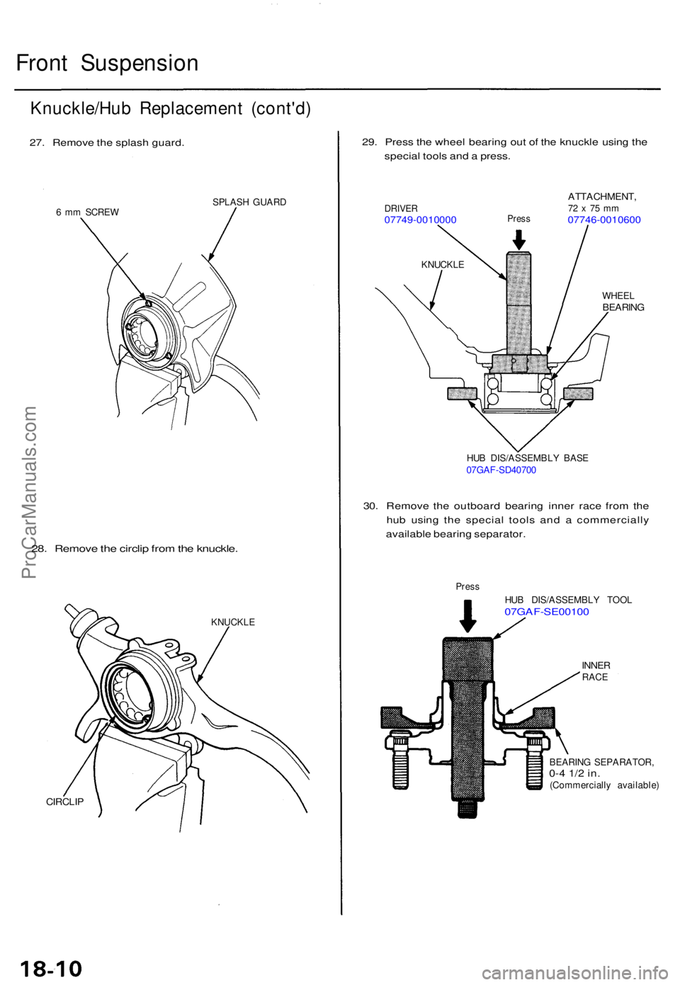 ACURA TL 1995  Service Repair Manual Front Suspensio n
Knuckle/Hu b Replacemen t (cont'd )
27. Remov e th e splas h guard .
6 m m SCRE W SPLAS
H GUAR D
28. Remov e th e circli p fro m th e knuckle .
KNUCKL E
CIRCLIP
29. Pres s th e w