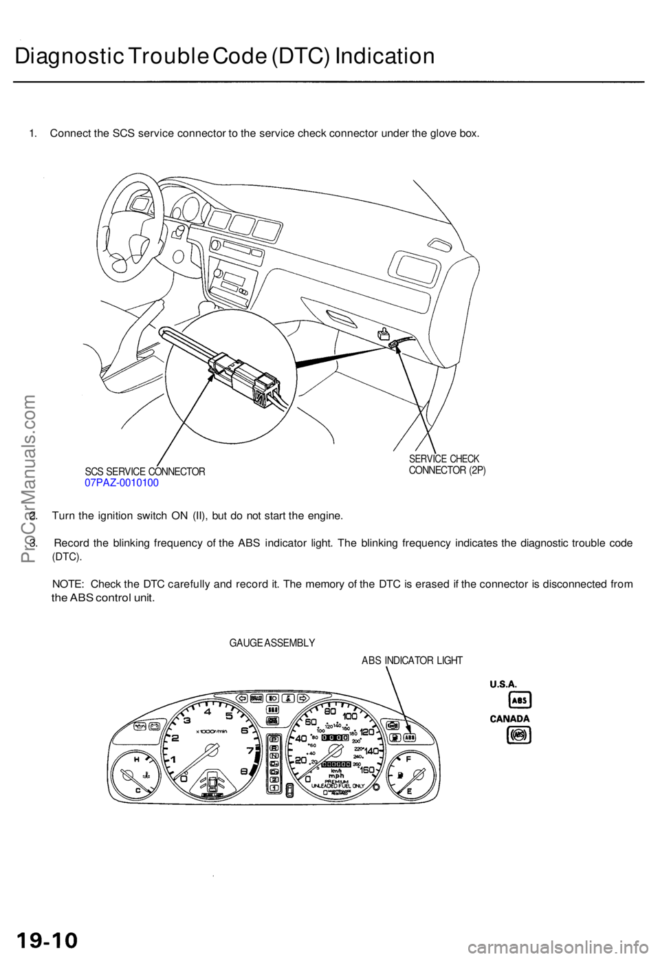 ACURA TL 1995  Service Repair Manual Diagnostic Troubl e Cod e (DTC ) Indicatio n
1. Connec t th e SC S servic e connecto r t o  th e servic e chec k connecto r unde r th e glov e box .
SCS SERVIC E CONNECTO R07PAZ-001010 0
SERVICE CHEC 