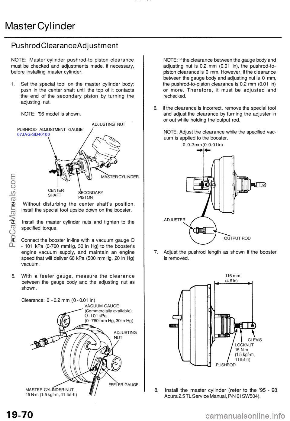 ACURA TL 1995  Service Repair Manual Master Cylinde r
Pushrod Clearanc e Adjustmen t
NOTE: Maste r cylinde r pushrod-t o pisto n clearanc e
mus t b e checke d an d adjustment s made , i f necessary ,
befor e installin g maste r cylinder 
