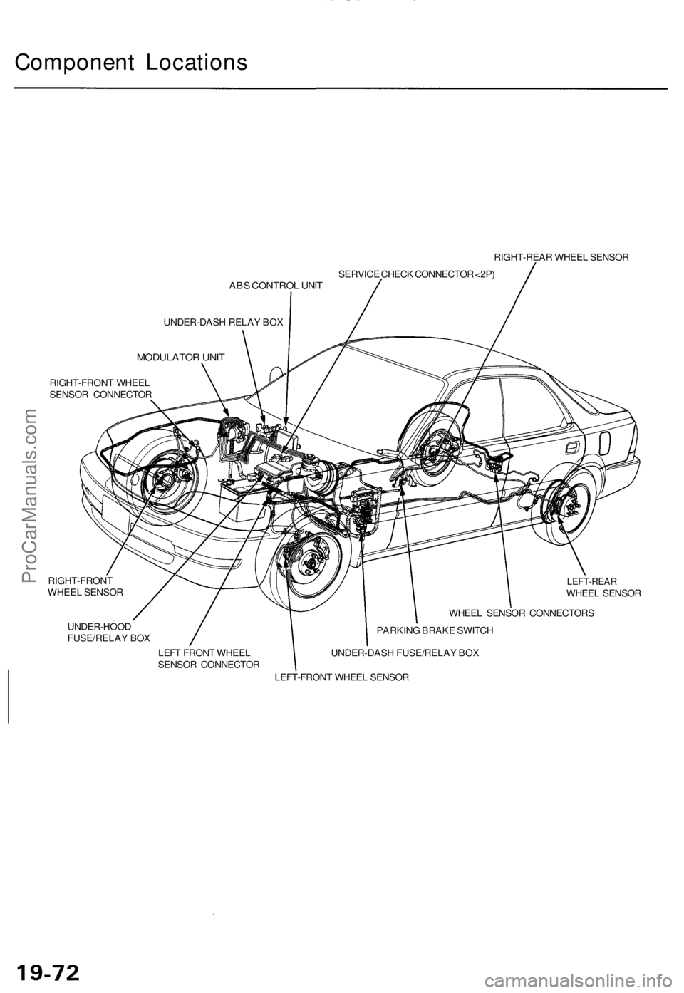 ACURA TL 1995  Service Repair Manual Component Location s
RIGHT-REA R WHEE L SENSO R
SERVIC E CHEC K CONNECTO R <2P )
ABS CONTRO L UNI T
UNDER-DAS H RELA Y BO X
MODULATO R UNI T
RIGHT-FRON T WHEE L
SENSO R CONNECTO R
RIGHT-FRON T
WHEE L 