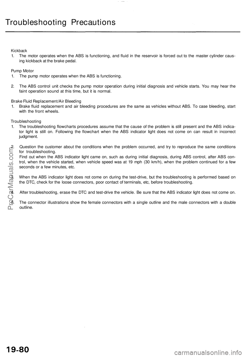 ACURA TL 1995  Service Repair Manual Troubleshooting Precaution s
Kickback
1. Th e moto r operate s whe n th e AB S is functioning , an d flui d i n th e reservoi r i s force d ou t t o th e maste r cylinde r caus -
in g kickbac k a t th