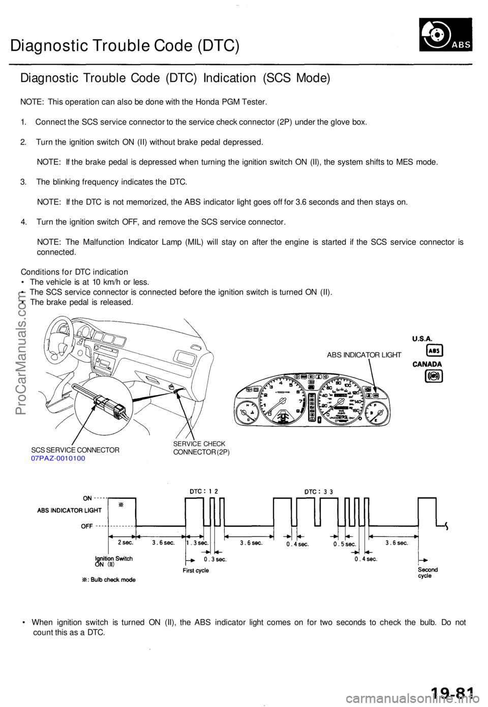 ACURA TL 1995  Service Repair Manual Diagnostic Troubl e Cod e (DTC )
Diagnosti c Troubl e Cod e (DTC ) Indicatio n (SC S Mode )
NOTE: Thi s operatio n ca n als o b e don e wit h th e Hond a PG M Tester .
1 . Connec t th e SC S servic e 