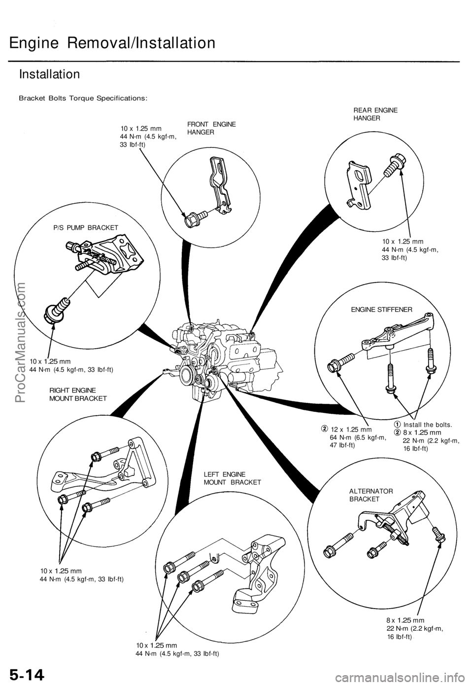 ACURA TL 1995  Service Repair Manual 
Engine Removal/Installation

Installation

Bracket Bolts Torque Specifications:

REAR ENGINE

HANGER

P/S PUMP BRACKET

10 x
 1.25
 mm

44 N-m (4.5 kgf-m,

33 Ibf-ft)

ENGINE STIFFENER

10 x
 1.25
 m