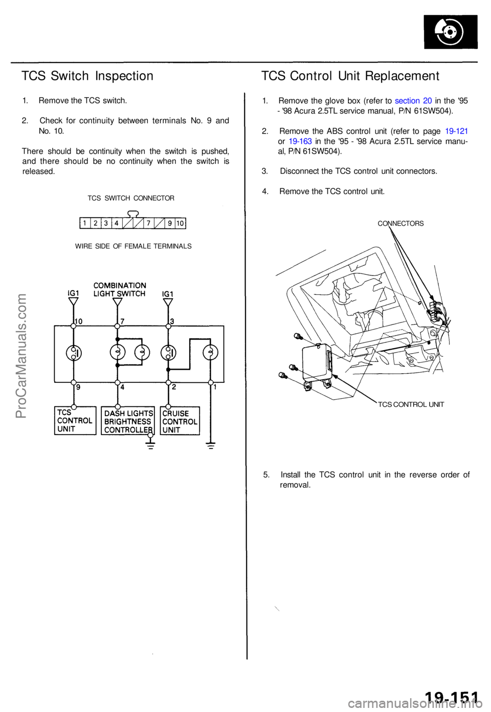 ACURA TL 1995  Service Repair Manual TCS Switc h Inspectio n
1. Remov e th e TC S switch .
2 . Chec k fo r continuit y betwee n terminal s No . 9  an d
No. 10 .
Ther e shoul d b e continuit y whe n th e switc h i s pushed ,
an d ther e s