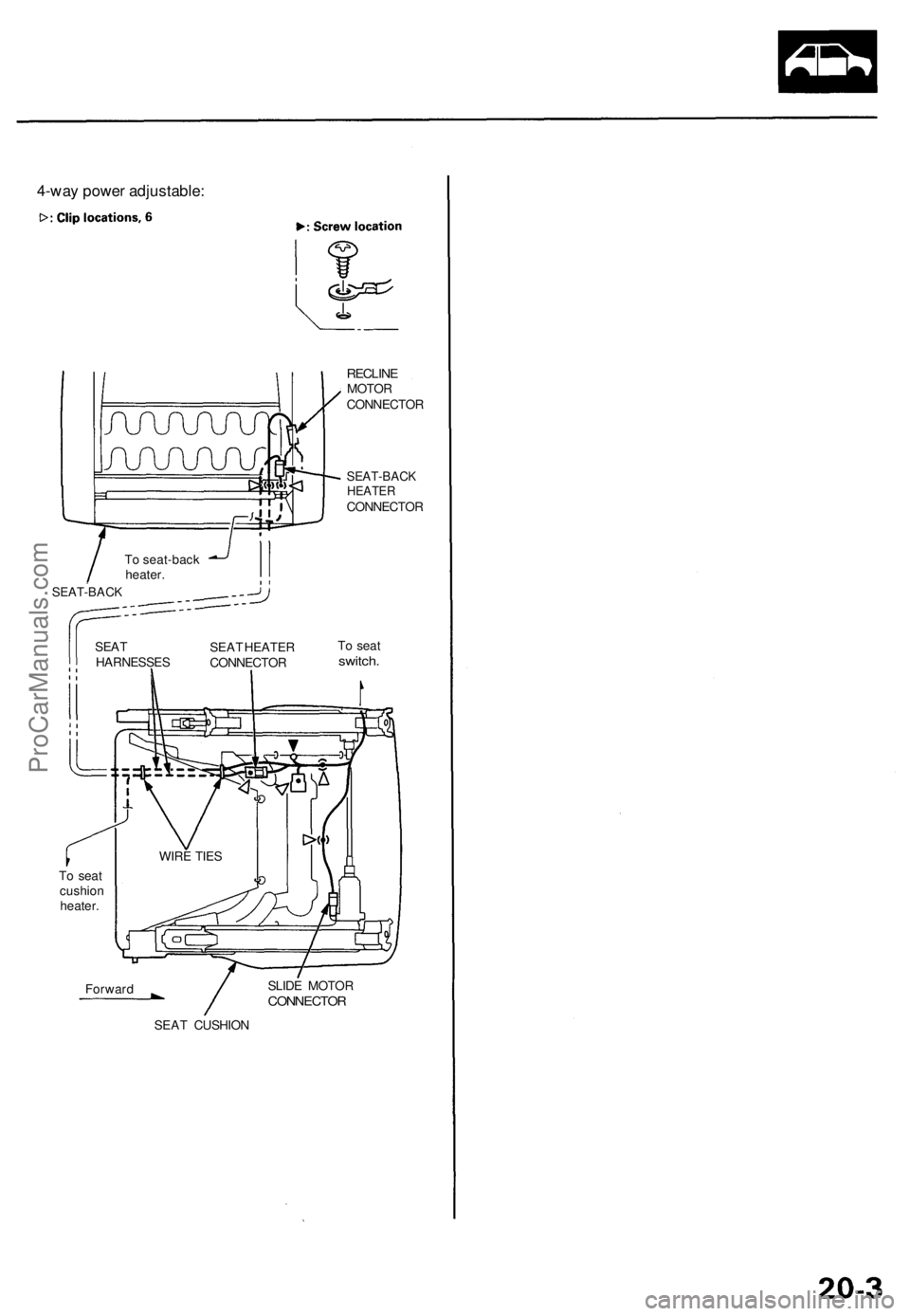 ACURA TL 1995  Service Repair Manual 
4-way power adjustable:

SEAT-BACK 
RECLINE

MOTOR

CONNECTOR

SEAT-BACK

HEATER

CONNECTOR

To seat

switch.

To seat

cushion

heater.

SLIDE MOTOR

CONNECTOR

SEAT CUSHION 
WIRE TIES

Forward 
SEA