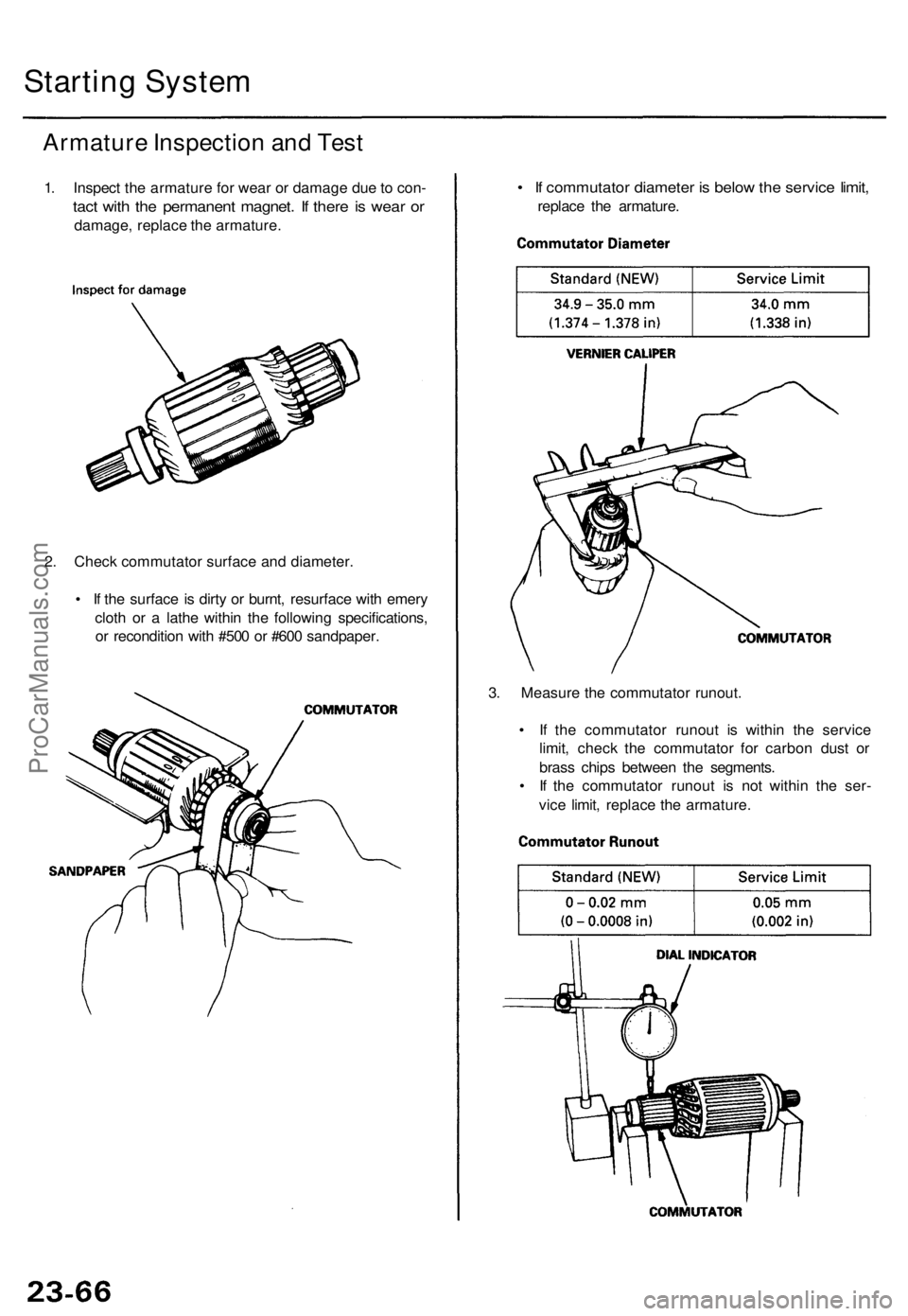 ACURA TL 1995  Service Repair Manual Starting Syste m
Armatur e Inspectio n an d Tes t
1. Inspec t th e armatur e fo r wea r o r damag e du e to  con -
tact wit h th e permanen t magnet . I f ther e i s wea r o r
damage , replac e th e a