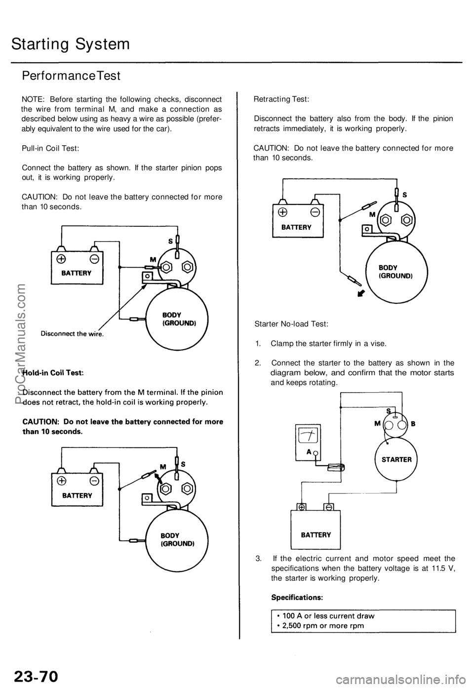 ACURA TL 1995 Service Repair Manual Starting Syste m
Performanc e Tes t
NOTE : Befor e startin g th e followin g checks , disconnec t
th e wir e fro m termina l M , an d mak e a connectio n a s
describe d belo w usin g a s heav y a wi ACURA TL 1995 Service Repair Manual Starting Syste m
Performanc e Tes t
NOTE : Befor e startin g th e followin g checks , disconnec t
th e wir e fro m termina l M , an d mak e a connectio n a s
describe d belo w usin g a s heav y a wi