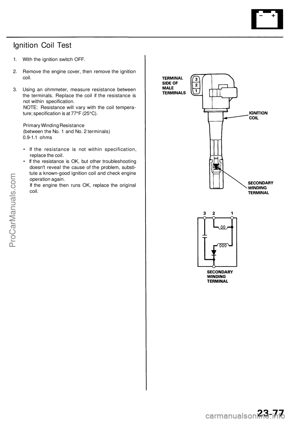 ACURA TL 1995  Service Repair Manual Ignition Coi l Tes t
1. Wit h th e ignitio n switc h OFF .
2 . Remov e th e engin e cover , the n remov e th e ignitio n
coil .
3 . Usin g a n ohmmeter , measur e resistanc e betwee n
th e terminals .