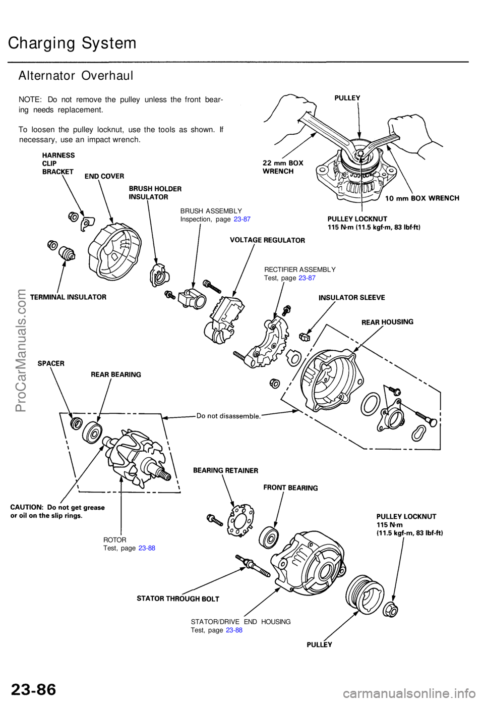 ACURA TL 1995  Service Repair Manual STATOR/DRIVE EN D HOUSIN G
Test , pag e 23-8 8
ROTO
R
Test , pag e 23-8 8
Chargin g Syste m
Alternato r Overhau l
NOTE: D o no t remov e th e pulle y unles s th e fron t bear -
in g need s replacement