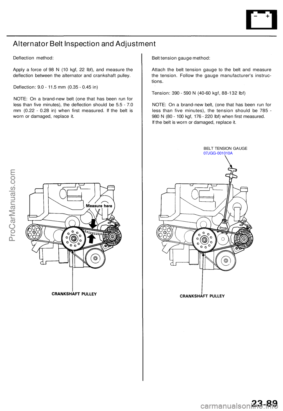 ACURA TL 1995 Service Repair Manual Alternator Bel t Inspectio n an d Adjustmen t
Deflection method :
Appl y a forc e o f 9 8 N (1 0 kgf , 2 2 Ibf) , an d measur e th e
deflectio n betwee n th e alternato r an d crankshaf t pulley .
D ACURA TL 1995 Service Repair Manual Alternator Bel t Inspectio n an d Adjustmen t
Deflection method :
Appl y a forc e o f 9 8 N (1 0 kgf , 2 2 Ibf) , an d measur e th e
deflectio n betwee n th e alternato r an d crankshaf t pulley .
D