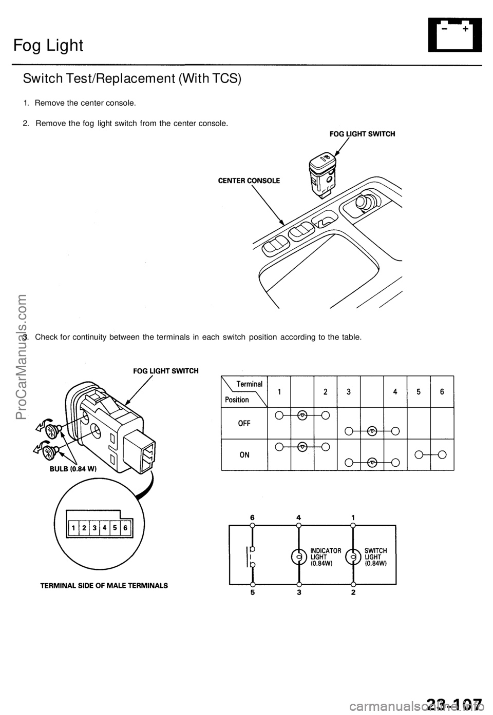 ACURA TL 1995  Service Repair Manual Fog Ligh t
Switc h Test/Replacemen t (Wit h TCS )
1. Remov e th e cente r console .
2 . Remov e th e fo g ligh t switc h fro m th e cente r console .
3 . Chec k fo r continuit y betwee n th e terminal