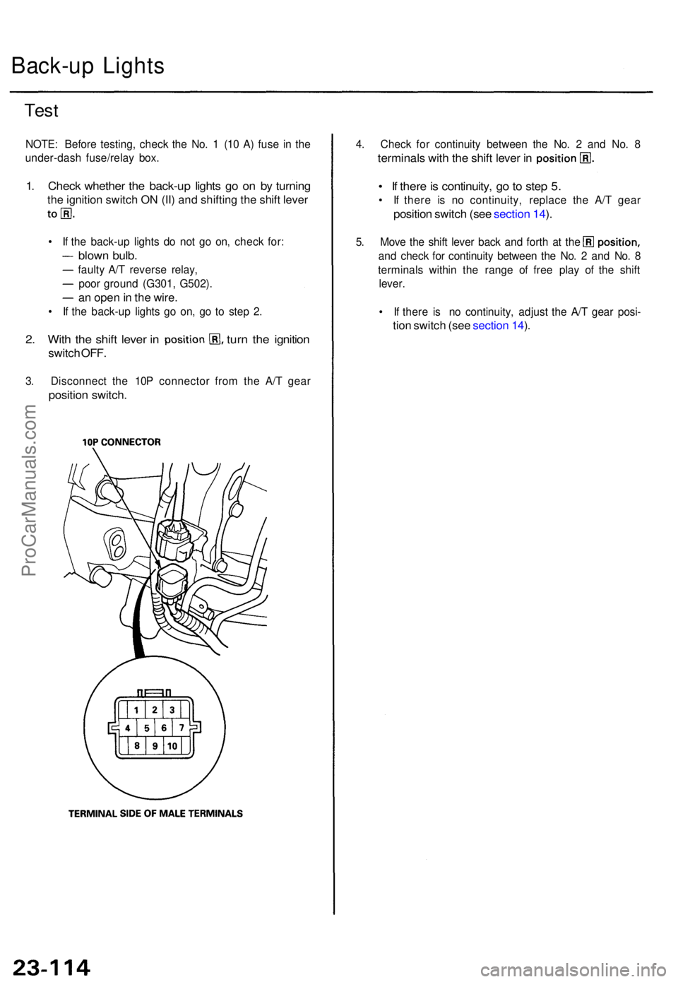 ACURA TL 1995  Service Repair Manual Back-up Light s
Test
NOTE : Befor e testing , chec k th e No . 1  (1 0 A ) fus e i n th e
under-das h fuse/rela y box .
1. Chec k whethe r th e back-u p light s g o o n b y turnin g
the ignitio n swit