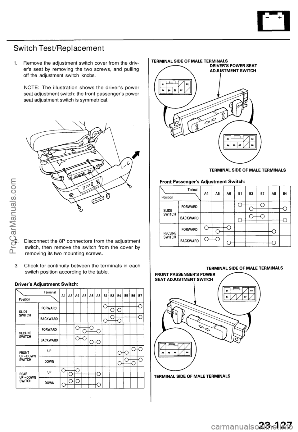 ACURA TL 1995  Service Repair Manual Switch Test/Replacemen t
1. Remov e th e adjustmen t switc h cove r fro m th e driv -
er' s sea t b y removin g th e tw o screws , an d pullin g
of f th e adjustmen t switc h knobs .
NOTE : Th e i