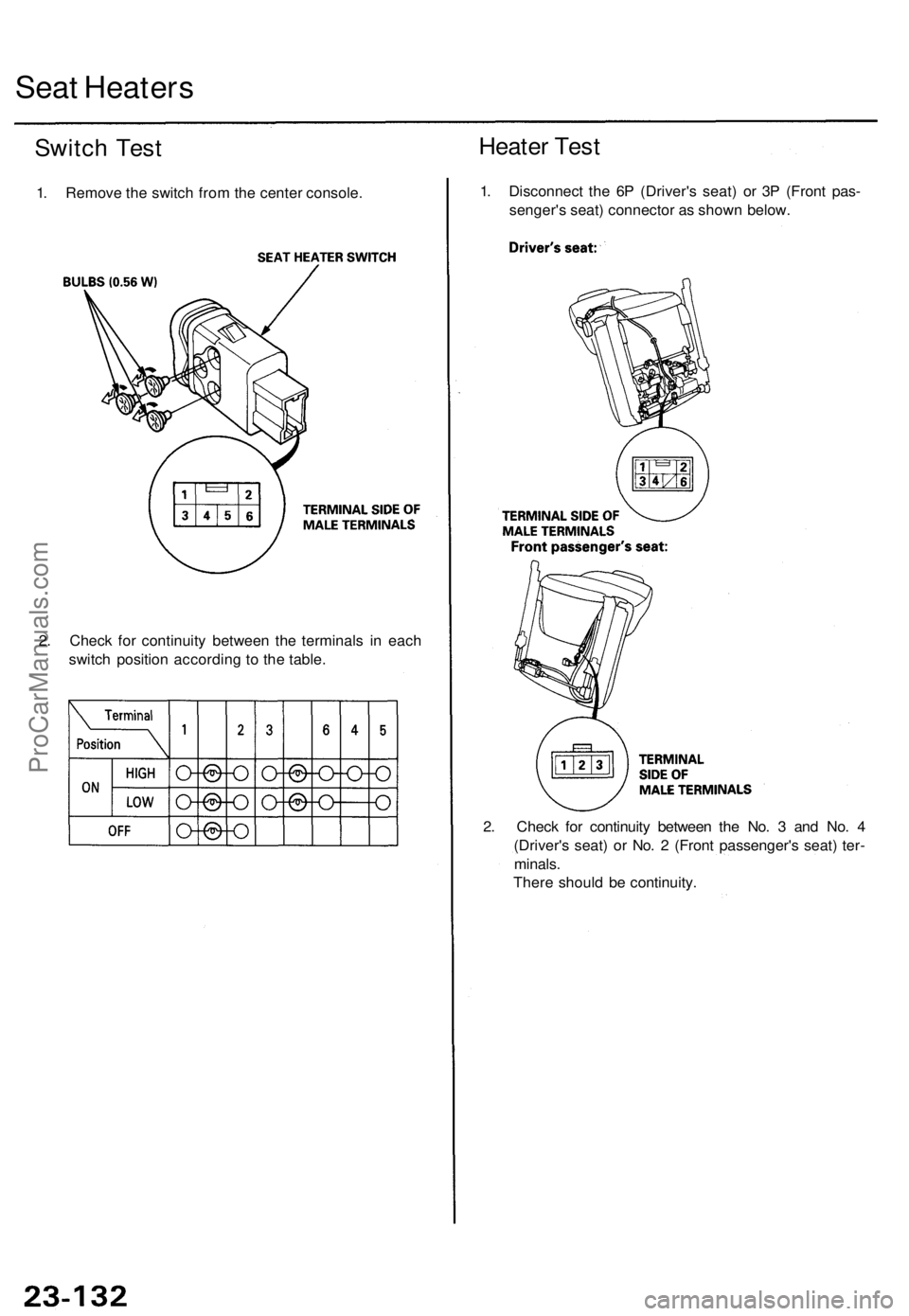ACURA TL 1995  Service Repair Manual 
Seat Heaters

Switch Test

1. Remove the switch from the center console. 
Heater Test

1. Disconnect the 6P (Driver's seat) or 3P (Front pas-

senger's seat) connector as shown below.

2. Che