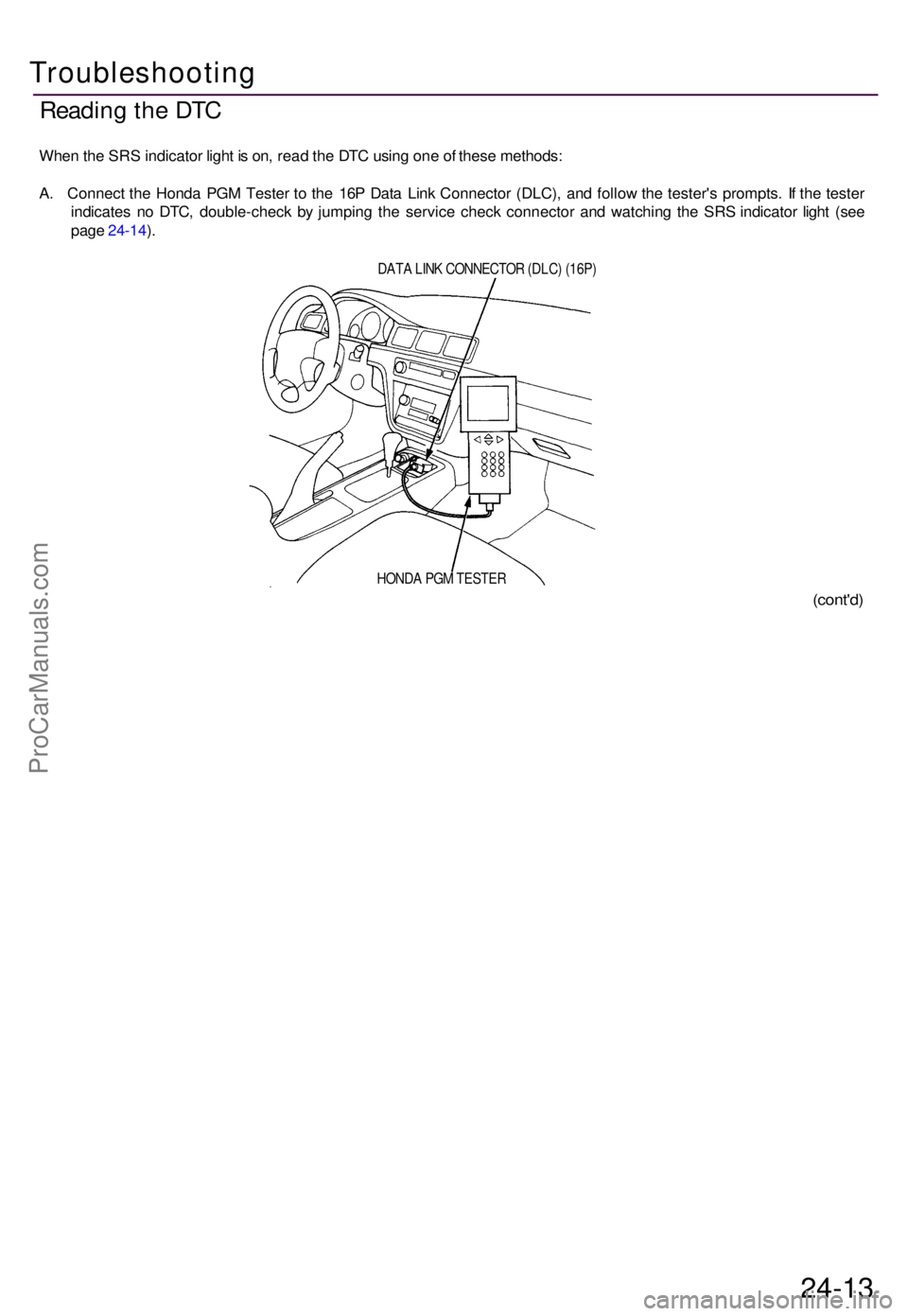 ACURA TL 1995  Service Repair Manual Reading th e DT C
Whe n th e SR S indicato r ligh t i s  on , rea d th e DT C usin g on e o f thes e methods :
A . Connec t th e Hond a PG M Teste r t o  th e 16 P Dat a Lin k Connecto r (DLC) , an d 
