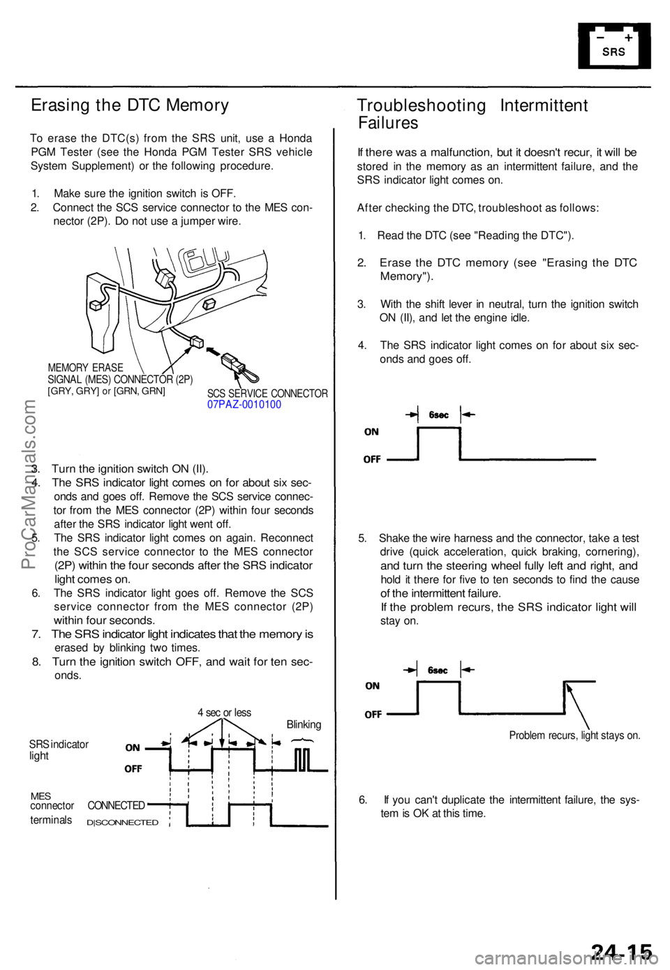 ACURA TL 1995 Service Repair Manual Erasing th e DT C Memor y
To eras e th e DTC(s ) fro m th e SR S unit , us e a Hond a
PG M Teste r (se e th e Hond a PG M Teste r SR S vehicl e
Syste m Supplement ) o r th e followin g procedure .
1 ACURA TL 1995 Service Repair Manual Erasing th e DT C Memor y
To eras e th e DTC(s ) fro m th e SR S unit , us e a Hond a
PG M Teste r (se e th e Hond a PG M Teste r SR S vehicl e
Syste m Supplement ) o r th e followin g procedure .
1