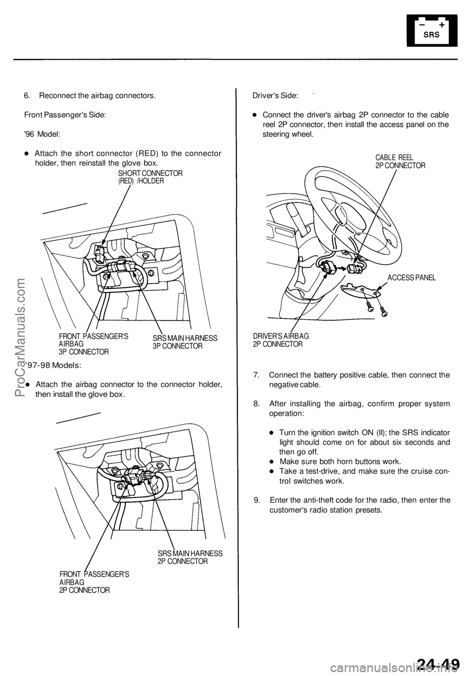 ACURA TL 1995 Service Repair Manual
6. Reconnect the airbag connectors.
Front Passenger's Side:
'96 Model:
Attach the short connector (RED) to the connector
holder, then reinstall the glove box.
SHORT CONNECTOR
(RED) /HOL ACURA TL 1995 Service Repair Manual
6. Reconnect the airbag connectors.
Front Passenger's Side:
'96 Model:
Attach the short connector (RED) to the connector
holder, then reinstall the glove box.
SHORT CONNECTOR
(RED) /HOL