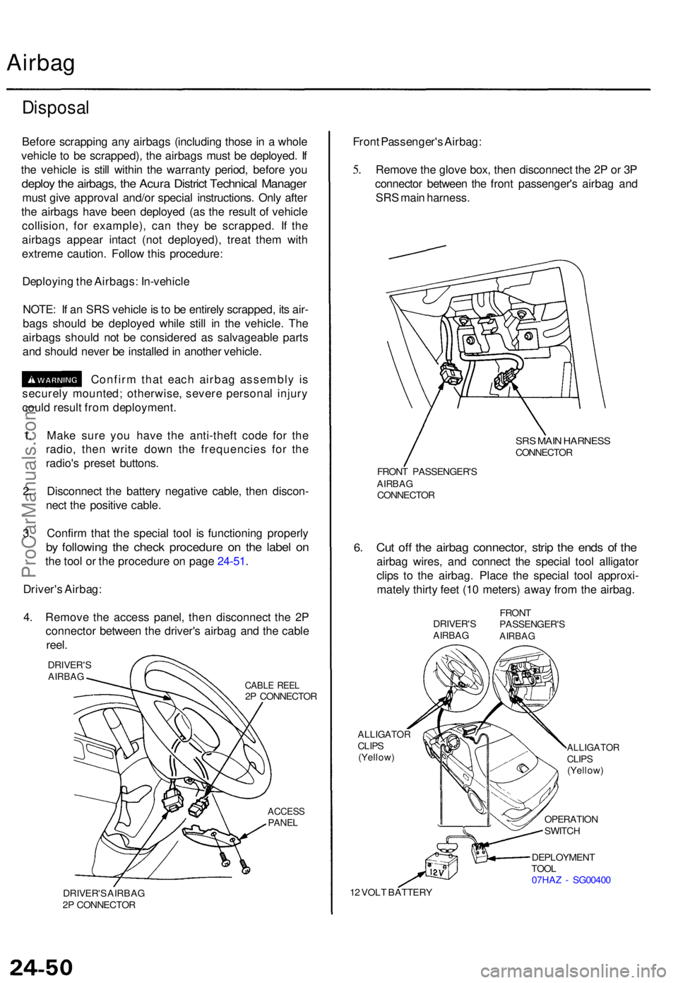 ACURA TL 1995 Service Repair Manual Airbag
Disposa l
Before scrappin g an y airbag s (includin g thos e in a whol e
vehicl e t o b e scrapped) , th e airbag s mus t b e deployed . I f
th e vehicl e i s stil l withi n th e warrant y pe ACURA TL 1995 Service Repair Manual Airbag
Disposa l
Before scrappin g an y airbag s (includin g thos e in a whol e
vehicl e t o b e scrapped) , th e airbag s mus t b e deployed . I f
th e vehicl e i s stil l withi n th e warrant y pe