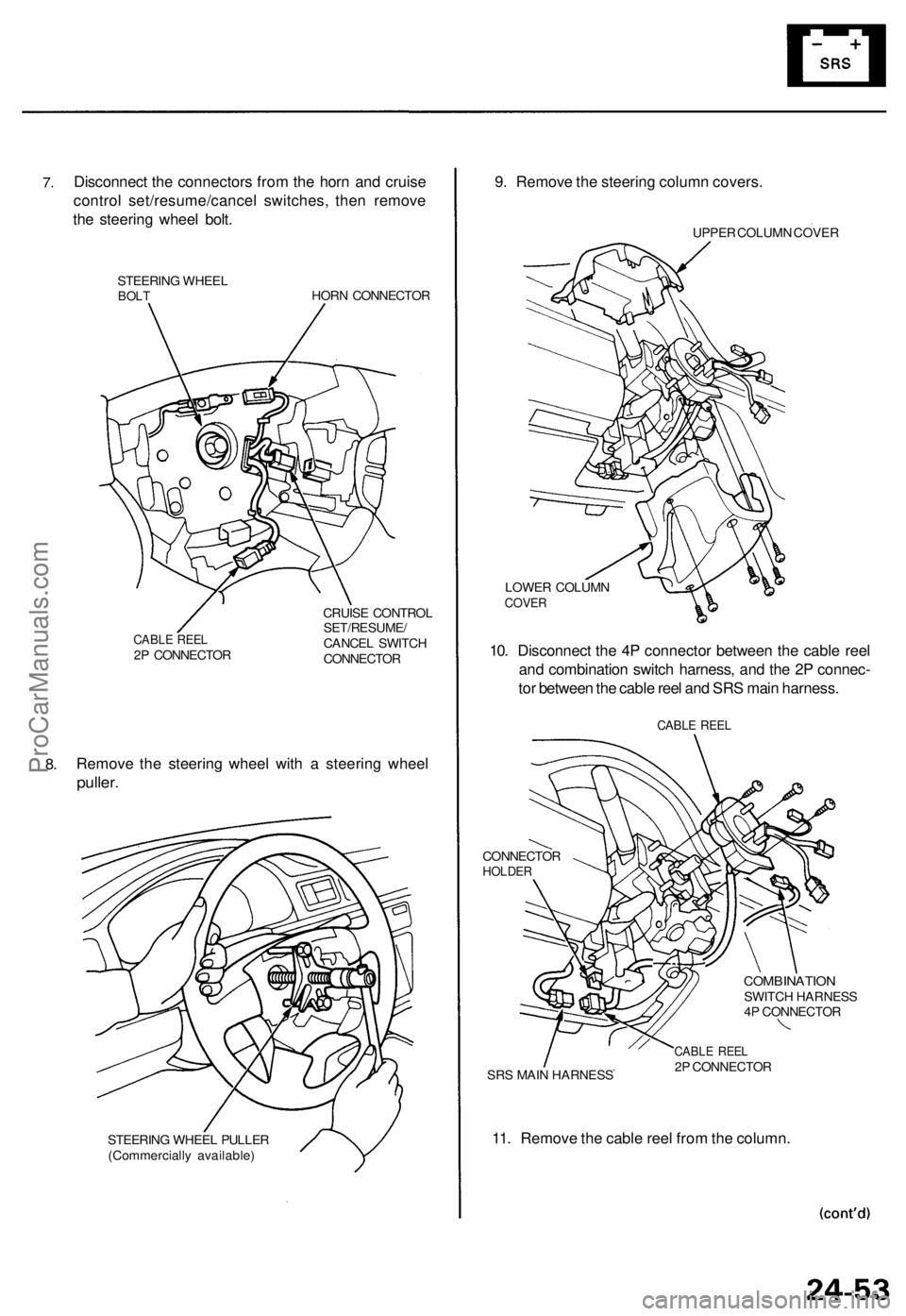 ACURA TL 1995  Service Repair Manual 
7. 
Disconnect the connectors from the horn and cruise

control set/resume/cancel switches, then remove

the steering wheel bolt.

STEERING WHEEL

BOLT 
HORN CONNECTOR

CABLE REEL

2P CONNECTOR 
CRUI