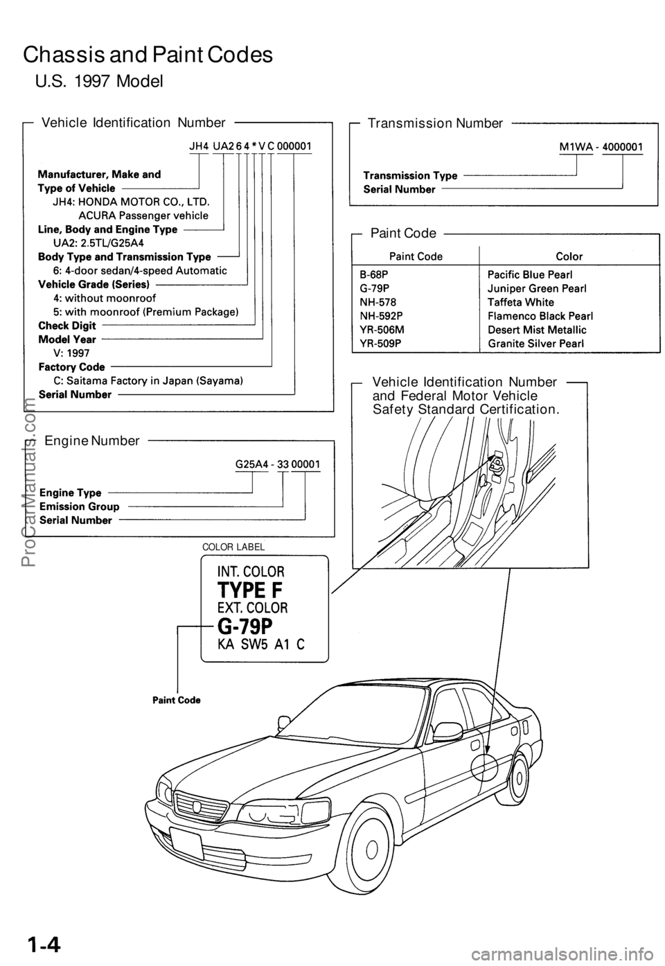 ACURA TL 1995  Service Repair Manual 
Chassis and Paint Codes

U.S. 1997 Model

Vehicle Identification Number

Transmission Number

Vehicle Identification Number

and Federal Motor Vehicle

Safety Standard Certification.

Engine Number

