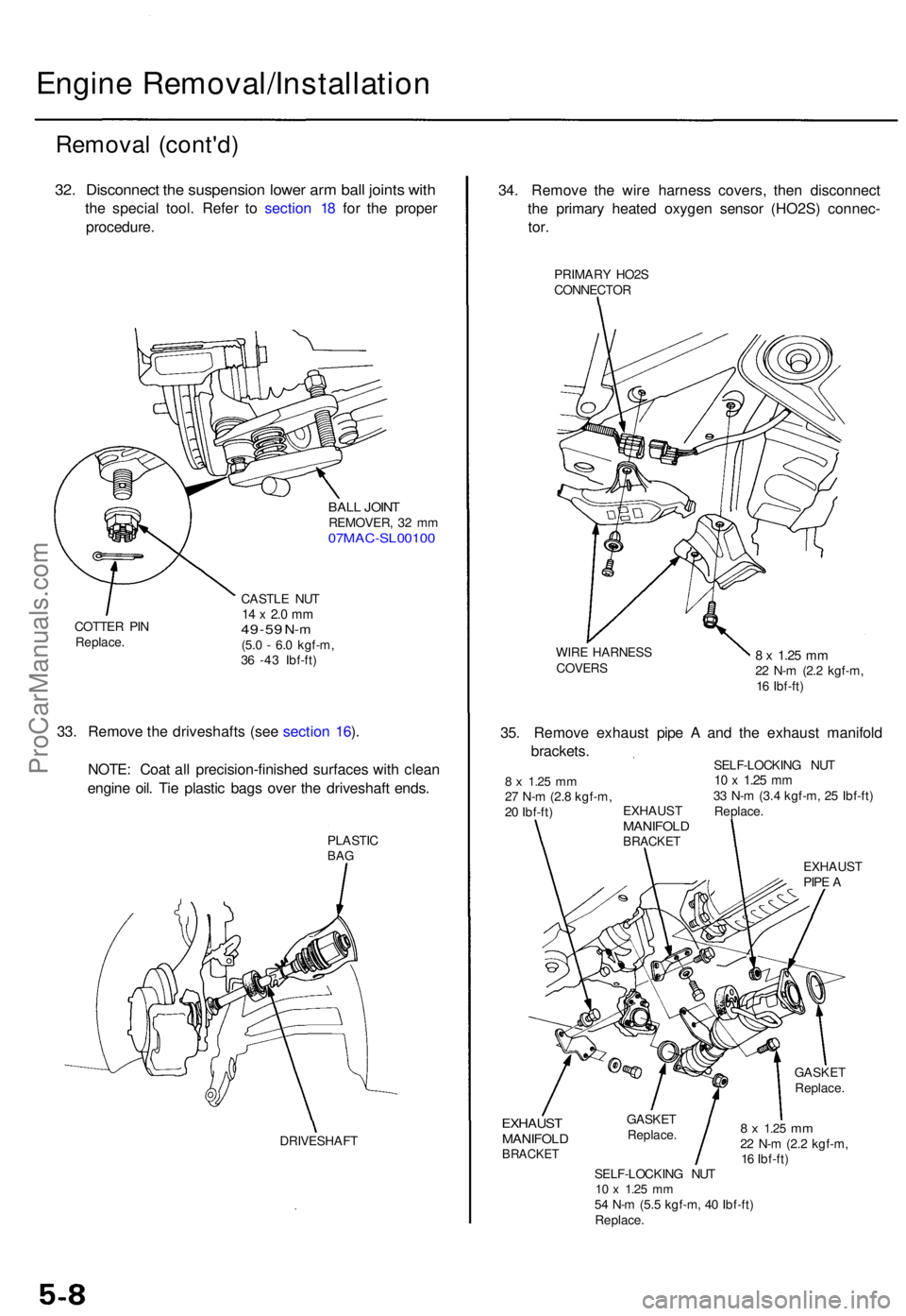 ACURA TL 1995 Service Repair Manual Engine Removal/Installatio n
Removal (cont'd )
32. Disconnec t th e suspensio n lowe r ar m bal l joint s wit h
the specia l tool . Refe r t o sectio n 1 8 fo r th e prope r
procedure .
BALL JOIN ACURA TL 1995 Service Repair Manual Engine Removal/Installatio n
Removal (cont'd )
32. Disconnec t th e suspensio n lowe r ar m bal l joint s wit h
the specia l tool . Refe r t o sectio n 1 8 fo r th e prope r
procedure .
BALL JOIN