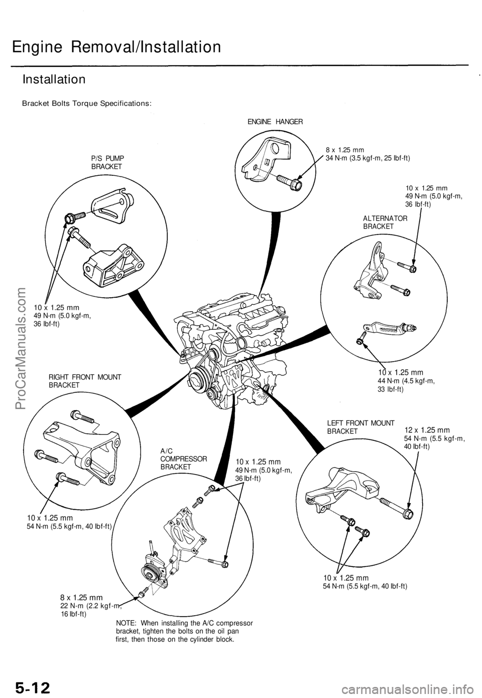 ACURA TL 1995  Service Repair Manual Engine Removal/Installatio n
Installation
Bracket Bolt s Torqu e Specifications :
ENGINE HANGE R
P/ S PUM P
BRACKE T
10  x 1.2 5 mm49  N- m (5. 0 kgf-m ,36  Ibf-ft )
ALTERNATO RBRACKET
10  x 1.2 5 mm4