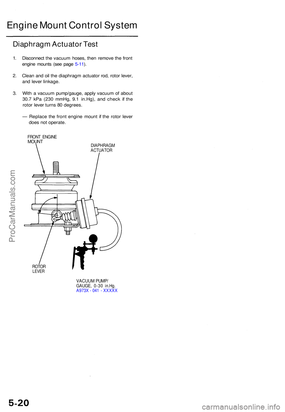 ACURA TL 1995  Service Repair Manual Diaphragm Actuato r Tes t
1. Disconnec t th e vacuu m hoses , the n remov e th e fron t
engin e mount s (se e pag e 5-11 ).
2 . Clea n an d oi l th e diaphrag m actuato r rod , roto r lever ,
an d lev